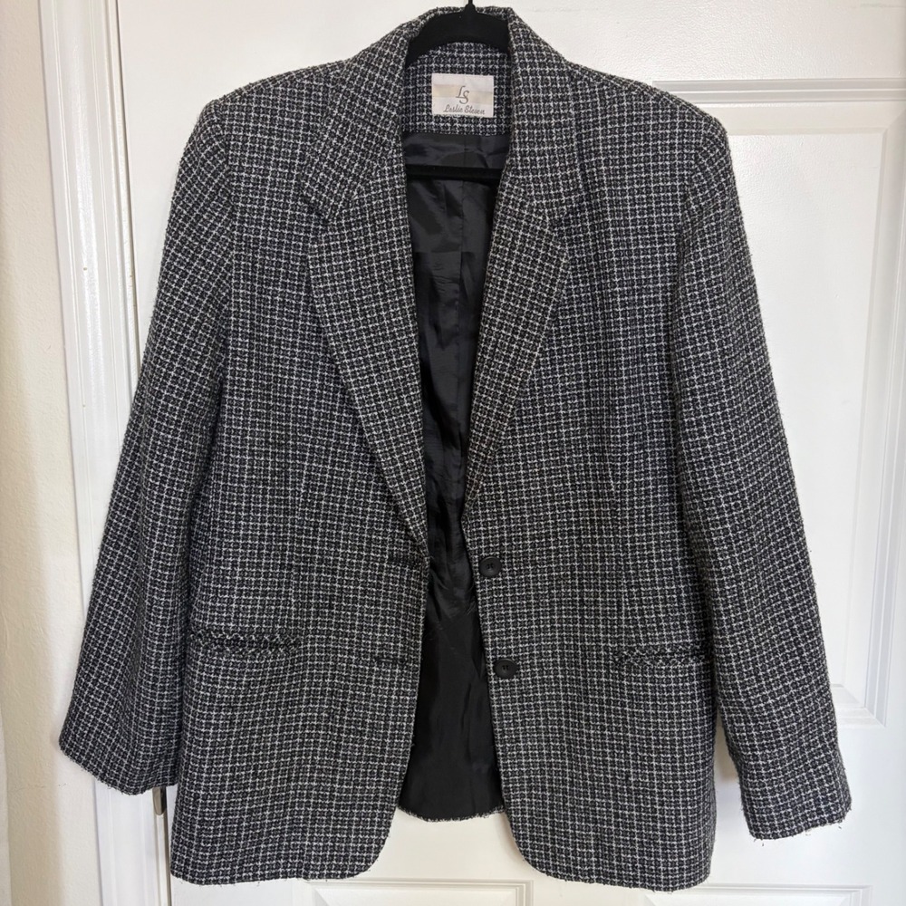 90s Leslie Steven Vintage Black White Check Blazer Jacket Two Button Size 12